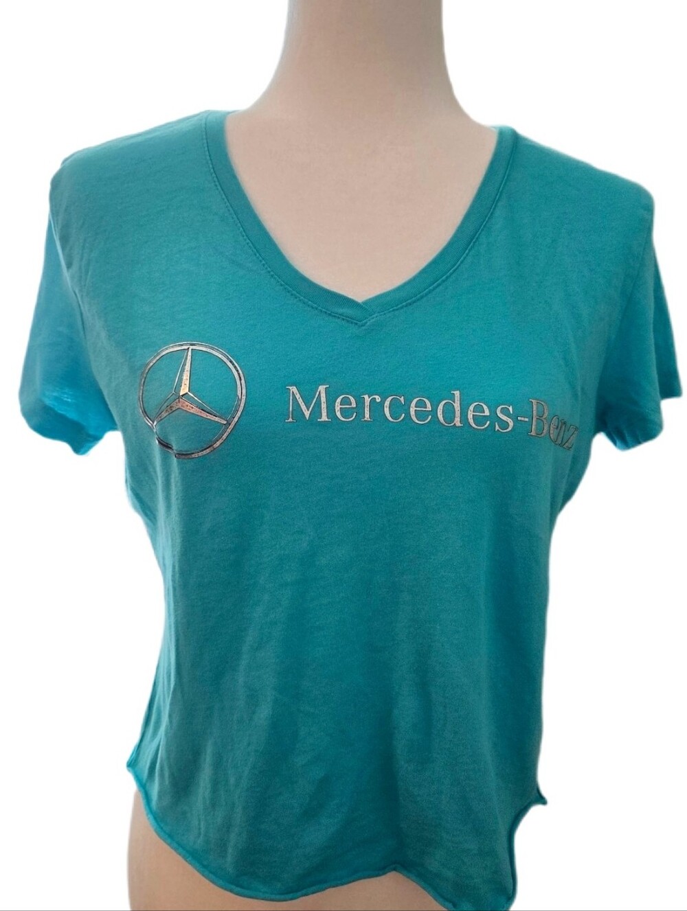 Mercedes-Benz Women's XL Teal V-Neck T-Shirt Logo Graphic Cotton Made USA